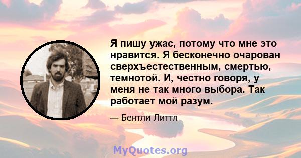 Я пишу ужас, потому что мне это нравится. Я бесконечно очарован сверхъестественным, смертью, темнотой. И, честно говоря, у меня не так много выбора. Так работает мой разум.