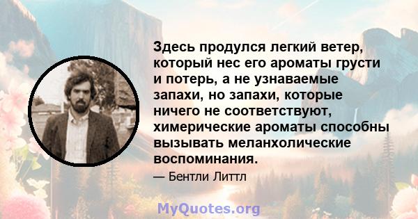 Здесь продулся легкий ветер, который нес его ароматы грусти и потерь, а не узнаваемые запахи, но запахи, которые ничего не соответствуют, химерические ароматы способны вызывать меланхолические воспоминания.