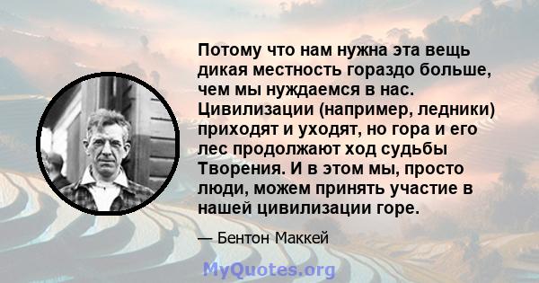 Потому что нам нужна эта вещь дикая местность гораздо больше, чем мы нуждаемся в нас. Цивилизации (например, ледники) приходят и уходят, но гора и его лес продолжают ход судьбы Творения. И в этом мы, просто люди, можем