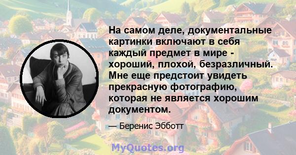 На самом деле, документальные картинки включают в себя каждый предмет в мире - хороший, плохой, безразличный. Мне еще предстоит увидеть прекрасную фотографию, которая не является хорошим документом.