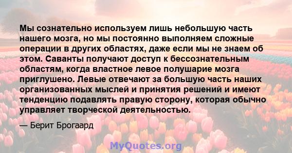 Мы сознательно используем лишь небольшую часть нашего мозга, но мы постоянно выполняем сложные операции в других областях, даже если мы не знаем об этом. Саванты получают доступ к бессознательным областям, когда