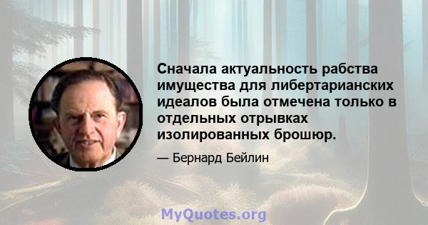 Сначала актуальность рабства имущества для либертарианских идеалов была отмечена только в отдельных отрывках изолированных брошюр.