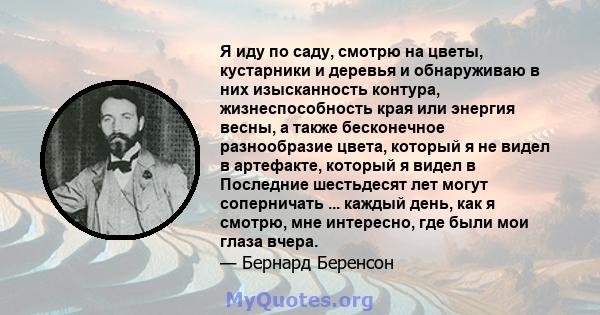 Я иду по саду, смотрю на цветы, кустарники и деревья и обнаруживаю в них изысканность контура, жизнеспособность края или энергия весны, а также бесконечное разнообразие цвета, который я не видел в артефакте, который я