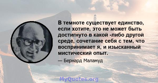 В темноте существует единство, если хотите, это не может быть достигнуто в какой -либо другой среде, сочетание себя с тем, что воспринимает я, и изысканный мистический опыт.