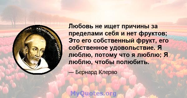 Любовь не ищет причины за пределами себя и нет фруктов; Это его собственный фрукт, его собственное удовольствие. Я люблю, потому что я люблю; Я люблю, чтобы полюбить.