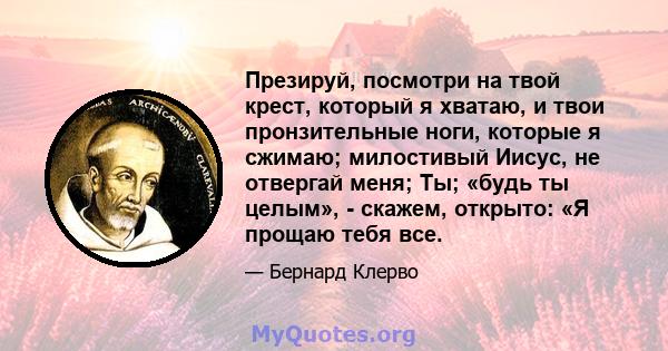 Презируй, посмотри на твой крест, который я хватаю, и твои пронзительные ноги, которые я сжимаю; милостивый Иисус, не отвергай меня; Ты; «будь ты целым», - скажем, открыто: «Я прощаю тебя все.