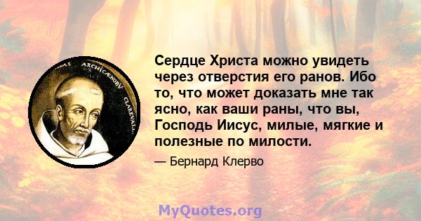 Сердце Христа можно увидеть через отверстия его ранов. Ибо то, что может доказать мне так ясно, как ваши раны, что вы, Господь Иисус, милые, мягкие и полезные по милости.