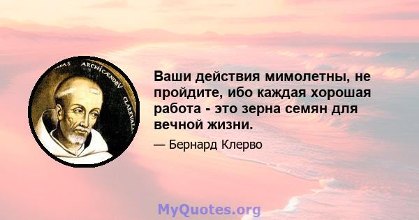 Ваши действия мимолетны, не пройдите, ибо каждая хорошая работа - это зерна семян для вечной жизни.