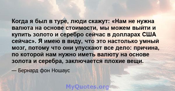 Когда я был в туре, люди скажут: «Нам не нужна валюта на основе стоимости, мы можем выйти и купить золото и серебро сейчас в долларах США сейчас». Я имею в виду, что это настолько умный мозг, потому что они упускают все 