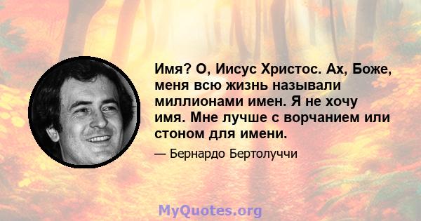 Имя? О, Иисус Христос. Ах, Боже, меня всю жизнь называли миллионами имен. Я не хочу имя. Мне лучше с ворчанием или стоном для имени.