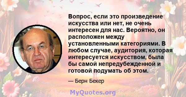 Вопрос, если это произведение искусства или нет, не очень интересен для нас. Вероятно, он расположен между установленными категориями. В любом случае, аудитория, которая интересуется искусством, была бы самой