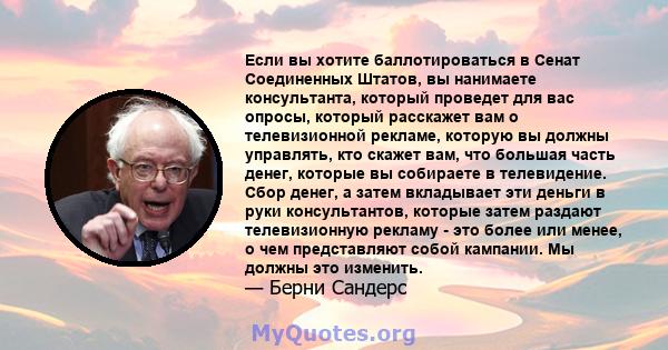 Если вы хотите баллотироваться в Сенат Соединенных Штатов, вы нанимаете консультанта, который проведет для вас опросы, который расскажет вам о телевизионной рекламе, которую вы должны управлять, кто скажет вам, что