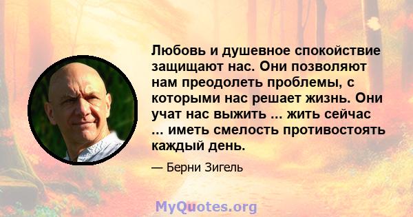 Любовь и душевное спокойствие защищают нас. Они позволяют нам преодолеть проблемы, с которыми нас решает жизнь. Они учат нас выжить ... жить сейчас ... иметь смелость противостоять каждый день.