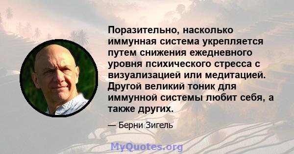 Поразительно, насколько иммунная система укрепляется путем снижения ежедневного уровня психического стресса с визуализацией или медитацией. Другой великий тоник для иммунной системы любит себя, а также других.