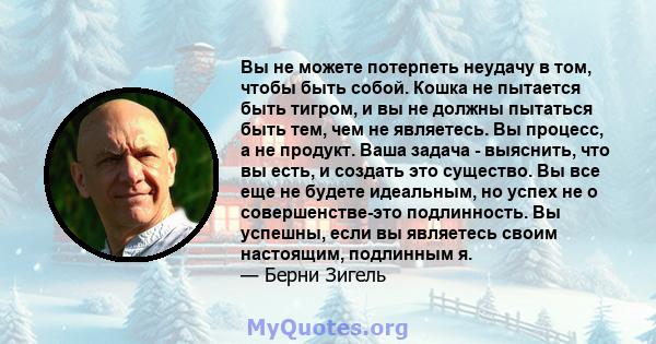 Вы не можете потерпеть неудачу в том, чтобы быть собой. Кошка не пытается быть тигром, и вы не должны пытаться быть тем, чем не являетесь. Вы процесс, а не продукт. Ваша задача - выяснить, что вы есть, и создать это