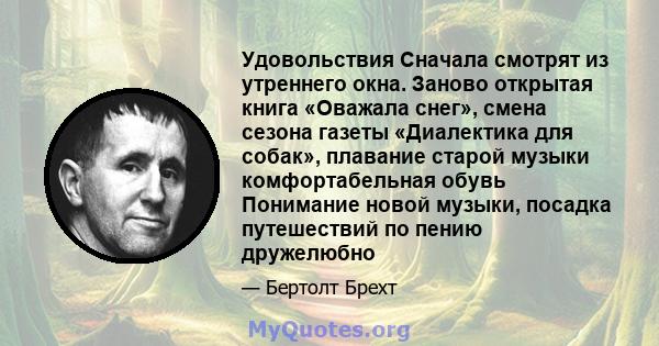 Удовольствия Сначала смотрят из утреннего окна. Заново открытая книга «Оважала снег», смена сезона газеты «Диалектика для собак», плавание старой музыки комфортабельная обувь Понимание новой музыки, посадка путешествий