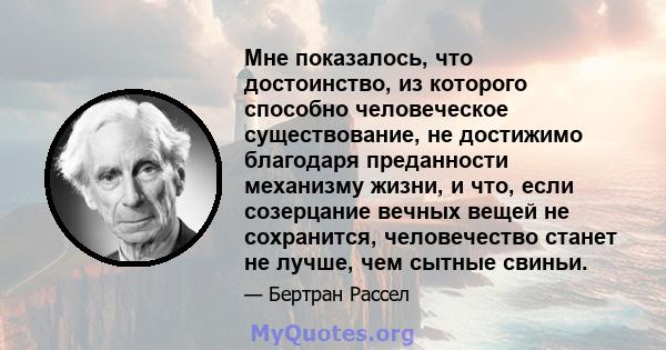 Мне показалось, что достоинство, из которого способно человеческое существование, не достижимо благодаря преданности механизму жизни, и что, если созерцание вечных вещей не сохранится, человечество станет не лучше, чем