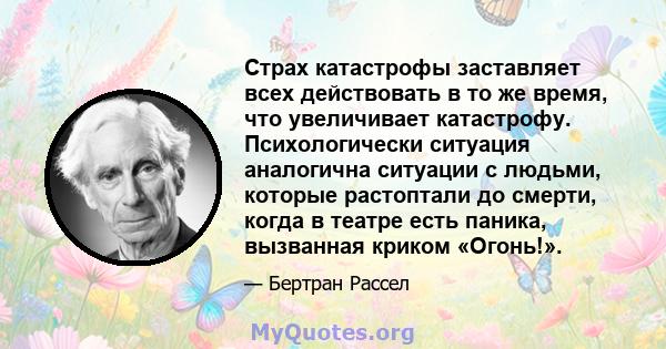 Страх катастрофы заставляет всех действовать в то же время, что увеличивает катастрофу. Психологически ситуация аналогична ситуации с людьми, которые растоптали до смерти, когда в театре есть паника, вызванная криком