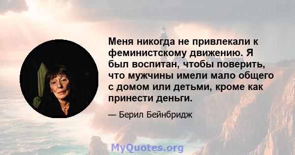 Меня никогда не привлекали к феминистскому движению. Я был воспитан, чтобы поверить, что мужчины имели мало общего с домом или детьми, кроме как принести деньги.