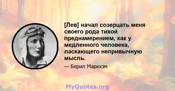 [Лев] начал созерцать меня своего рода тихой преднамерением, как у медленного человека, ласкающего непривычную мысль.