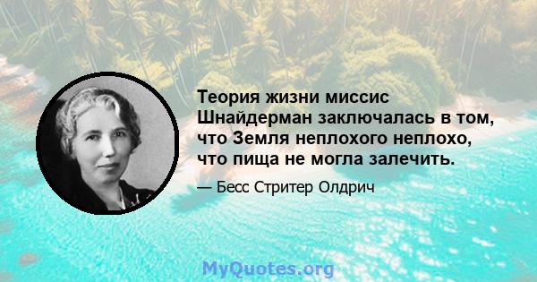 Теория жизни миссис Шнайдерман заключалась в том, что Земля неплохого неплохо, что пища не могла залечить.