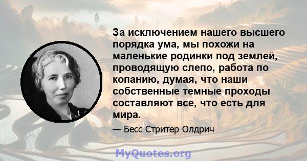 За исключением нашего высшего порядка ума, мы похожи на маленькие родинки под землей, проводящую слепо, работа по копанию, думая, что наши собственные темные проходы составляют все, что есть для мира.