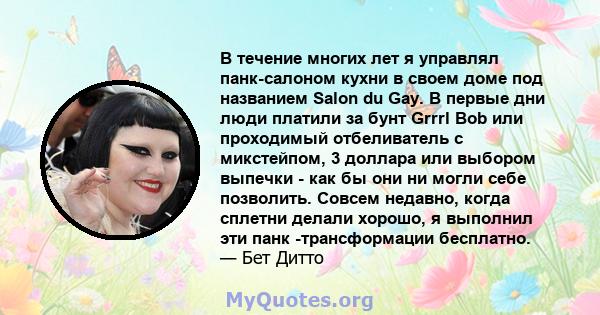 В течение многих лет я управлял панк-салоном кухни в своем доме под названием Salon du Gay. В первые дни люди платили за бунт Grrrl Bob или проходимый отбеливатель с микстейпом, 3 доллара или выбором выпечки - как бы