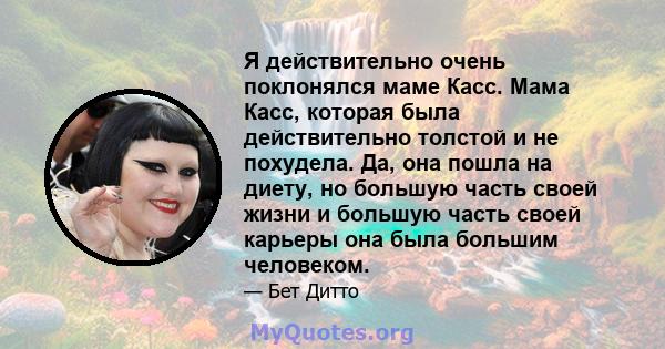 Я действительно очень поклонялся маме Касс. Мама Касс, которая была действительно толстой и не похудела. Да, она пошла на диету, но большую часть своей жизни и большую часть своей карьеры она была большим человеком.