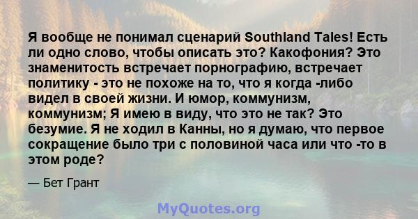 Я вообще не понимал сценарий Southland Tales! Есть ли одно слово, чтобы описать это? Какофония? Это знаменитость встречает порнографию, встречает политику - это не похоже на то, что я когда -либо видел в своей жизни. И