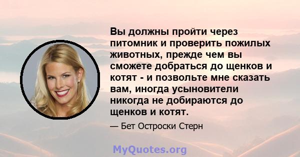 Вы должны пройти через питомник и проверить пожилых животных, прежде чем вы сможете добраться до щенков и котят - и позвольте мне сказать вам, иногда усыновители никогда не добираются до щенков и котят.