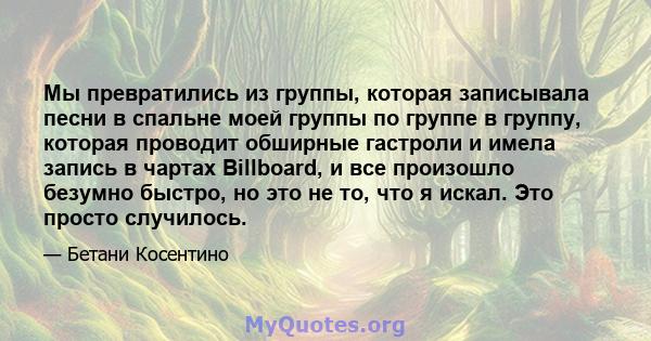 Мы превратились из группы, которая записывала песни в спальне моей группы по группе в группу, которая проводит обширные гастроли и имела запись в чартах Billboard, и все произошло безумно быстро, но это не то, что я