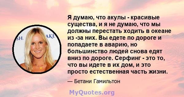 Я думаю, что акулы - красивые существа, и я не думаю, что мы должны перестать ходить в океане из -за них. Вы едете по дороге и попадаете в аварию, но большинство людей снова едят вниз по дороге. Серфинг - это то, что вы 