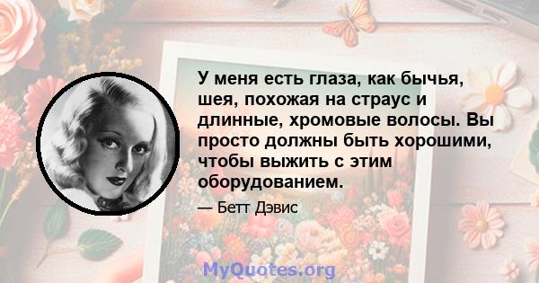 У меня есть глаза, как бычья, шея, похожая на страус и длинные, хромовые волосы. Вы просто должны быть хорошими, чтобы выжить с этим оборудованием.