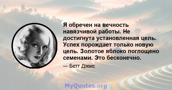 Я обречен на вечность навязчивой работы. Не достигнута установленная цель. Успех порождает только новую цель. Золотое яблоко поглощено семенами. Это бесконечно.