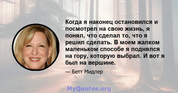 Когда я наконец остановился и посмотрел на свою жизнь, я понял, что сделал то, что я решил сделать. В моем жалком маленьком способе я поднялся на гору, которую выбрал. И вот я был на вершине.