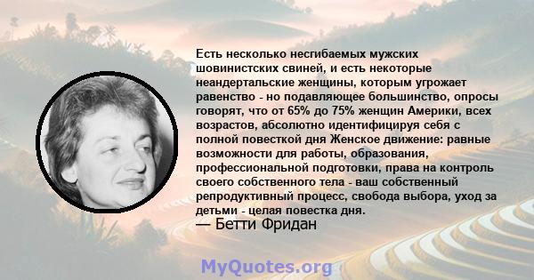 Есть несколько несгибаемых мужских шовинистских свиней, и есть некоторые неандертальские женщины, которым угрожает равенство - но подавляющее большинство, опросы говорят, что от 65% до 75% женщин Америки, всех