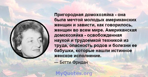 Пригородная домохозяйка - она ​​была мечтой молодых американских женщин и зависти, как говорилось, женщин во всем мире. Американская домохозяйка - освобожденная наукой и трудоемкой техникой из труда, опасность родов и