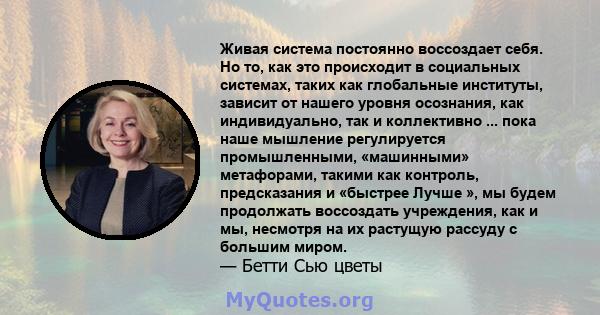 Живая система постоянно воссоздает себя. Но то, как это происходит в социальных системах, таких как глобальные институты, зависит от нашего уровня осознания, как индивидуально, так и коллективно ... пока наше мышление