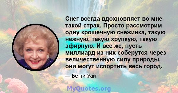 Снег всегда вдохновляет во мне такой страх. Просто рассмотрим одну крошечную снежинка, такую ​​нежную, такую ​​хрупкую, такую ​​эфирную. И все же, пусть миллиард из них соберутся через величественную силу природы, они