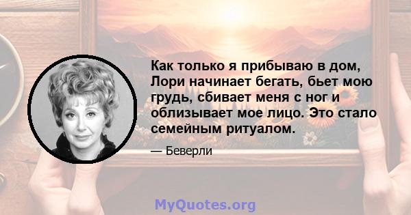 Как только я прибываю в дом, Лори начинает бегать, бьет мою грудь, сбивает меня с ног и облизывает мое лицо. Это стало семейным ритуалом.