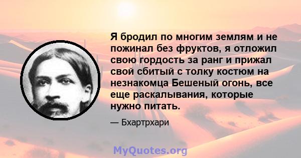 Я бродил по многим землям и не пожинал без фруктов, я отложил свою гордость за ранг и прижал свой сбитый с толку костюм на незнакомца Бешеный огонь, все еще раскалывания, которые нужно питать.