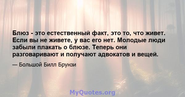 Блюз - это естественный факт, это то, что живет. Если вы не живете, у вас его нет. Молодые люди забыли плакать о блюзе. Теперь они разговаривают и получают адвокатов и вещей.