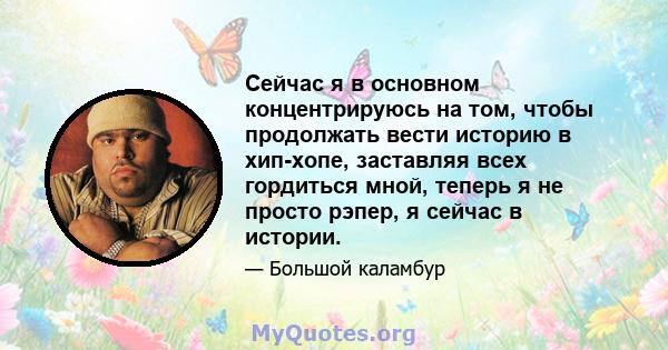 Сейчас я в основном концентрируюсь на том, чтобы продолжать вести историю в хип-хопе, заставляя всех гордиться мной, теперь я не просто рэпер, я сейчас в истории.