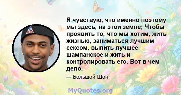 Я чувствую, что именно поэтому мы здесь, на этой земле; Чтобы проявить то, что мы хотим, жить жизнью, заниматься лучшим сексом, выпить лучшее шампанское и жить и контролировать его. Вот в чем дело.