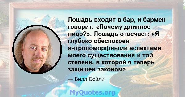 Лошадь входит в бар, и бармен говорит: «Почему длинное лицо?». Лошадь отвечает: «Я глубоко обеспокоен антропоморфными аспектами моего существования и той степени, в которой я теперь защищен законом».