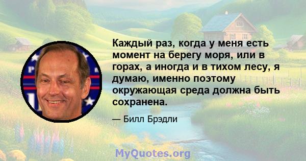 Каждый раз, когда у меня есть момент на берегу моря, или в горах, а иногда и в тихом лесу, я думаю, именно поэтому окружающая среда должна быть сохранена.