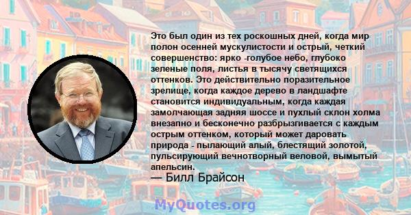 Это был один из тех роскошных дней, когда мир полон осенней мускулистости и острый, четкий совершенство: ярко -голубое небо, глубоко зеленые поля, листья в тысячу светящихся оттенков. Это действительно поразительное