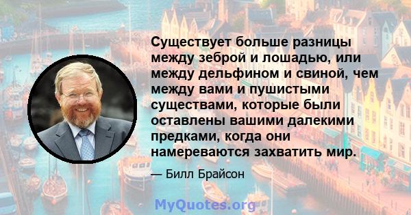 Существует больше разницы между зеброй и лошадью, или между дельфином и свиной, чем между вами и пушистыми существами, которые были оставлены вашими далекими предками, когда они намереваются захватить мир.