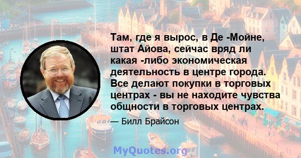 Там, где я вырос, в Де -Мойне, штат Айова, сейчас вряд ли какая -либо экономическая деятельность в центре города. Все делают покупки в торговых центрах - вы не находите чувства общности в торговых центрах.