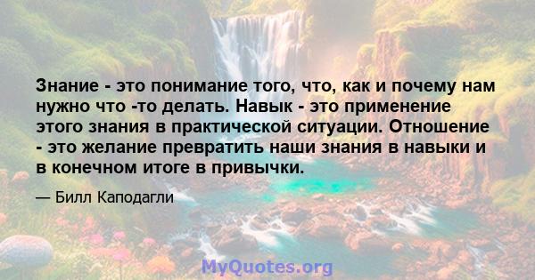 Знание - это понимание того, что, как и почему нам нужно что -то делать. Навык - это применение этого знания в практической ситуации. Отношение - это желание превратить наши знания в навыки и в конечном итоге в привычки.